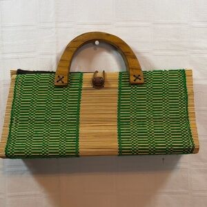 Elegant Green and Tan Woven Clutch with Wooden Handle